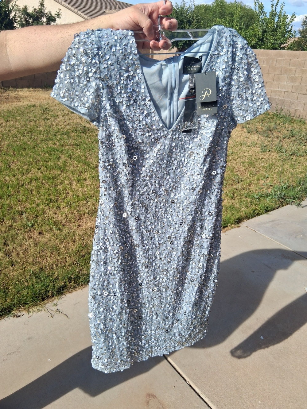 Adrianna Papell Light Silver Sequin V‑Neck Mini Dress